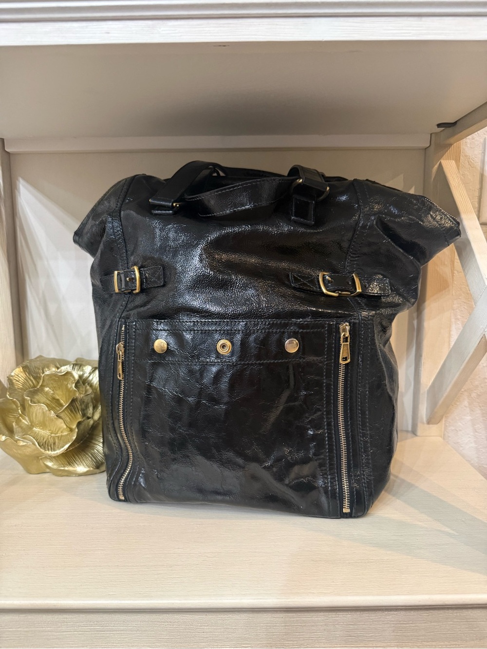 Yves Saint Laurent Downtown Leather Tote Black Large Vintage